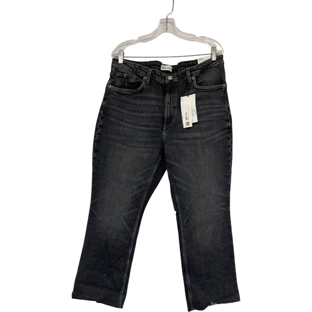 Zara Womens Jeans UK 18 US 14 Black Crop Flare Denim High Rise 4806/212 NWT
